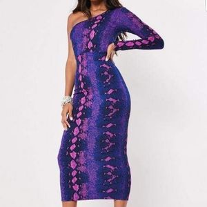Blue Snake Print One Sleeve Bodycon Midaxi Dress